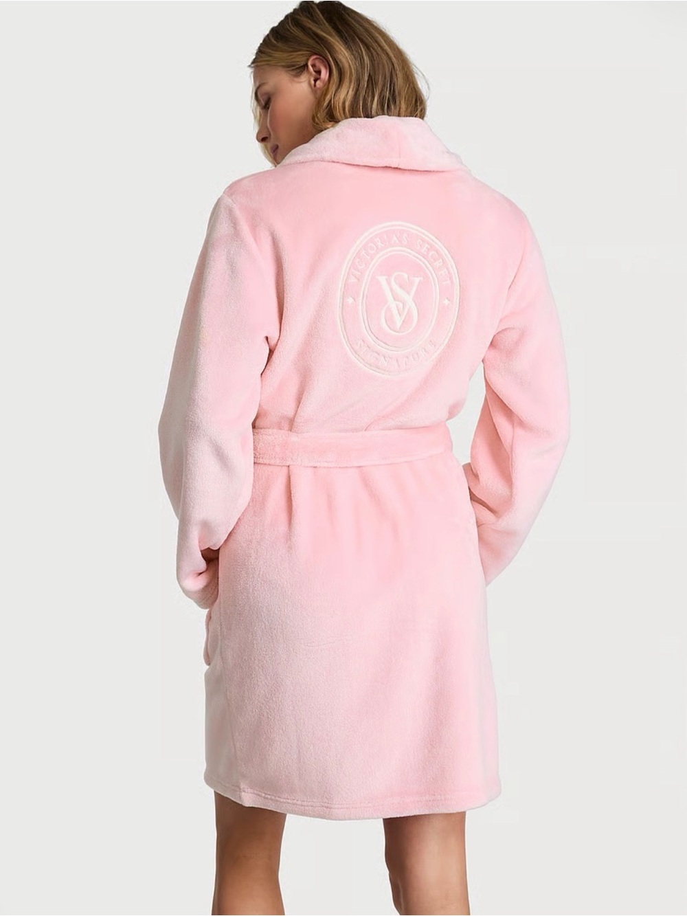 Victoria's Secret Light Pink Plush Fleece Robe with Embroidered Logo